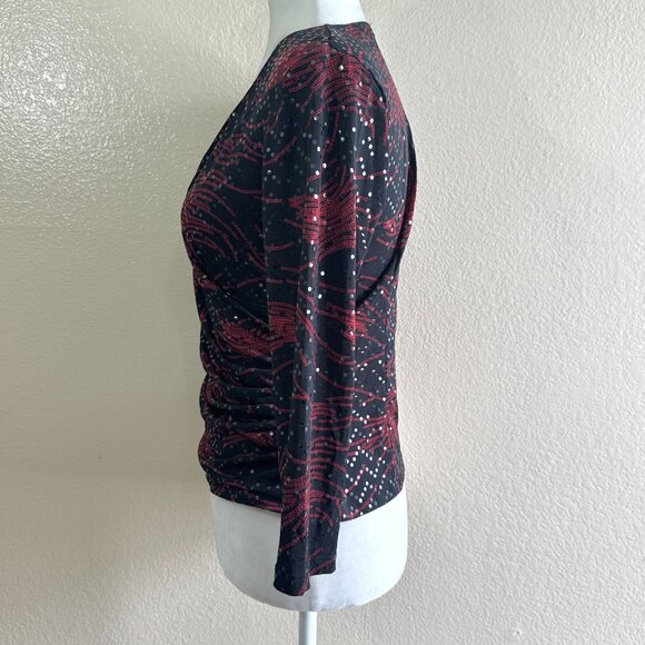 JBS Vintage 90s Black Floral Faux Wrap Sequin Blouse Top - Picture 3 of 5